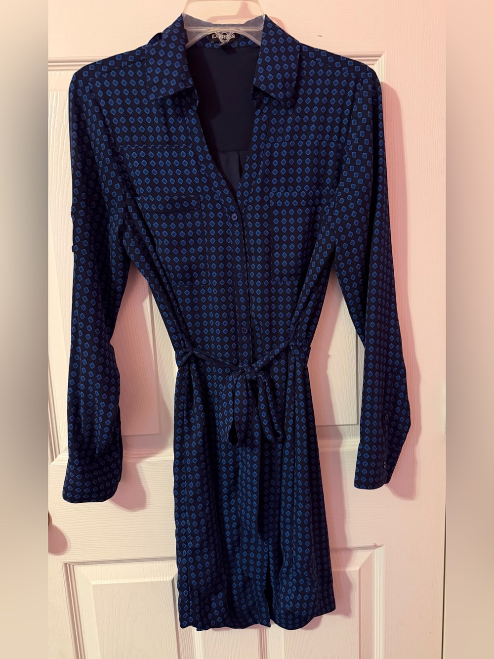 Express Navy Blue Patterned Long-Sleeve Button-down Shirt Dress with Waist Tie
